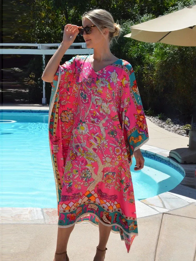 Roze bloem strand cover-ups plus size kaftans voor dames zomer maxi-jurken kust vakantie gewaad femme badpak