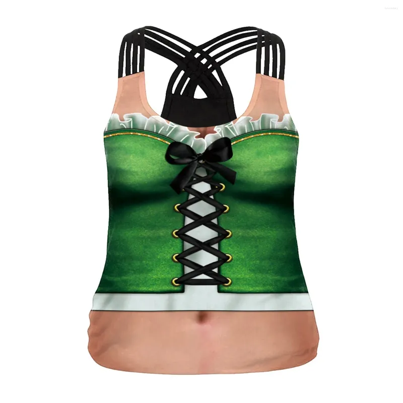 Tanques femininos St Patrick Day Vest Mulheres Tank Top Engraçado Crop Corset 3D Impressão Verde Camisa Vintage Raceback Cruz Sem Mangas Tee Menina Presentes