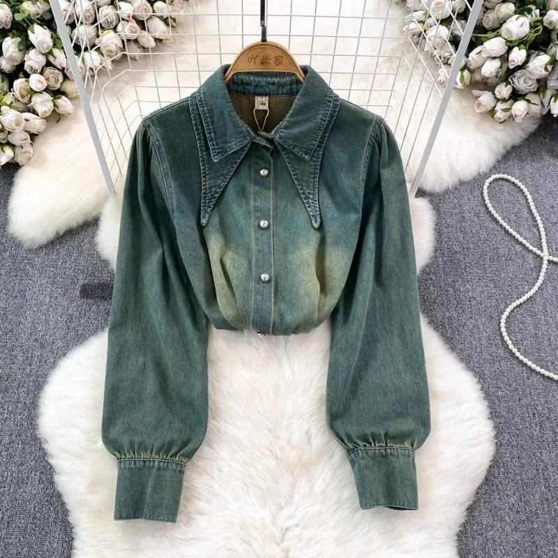 Kvinnors blusar Spring Fashion Denim Shirts For Women stänger av krage LAPEL Singel Long Puff Sleeve Blue French Chic Female Blusa Dop