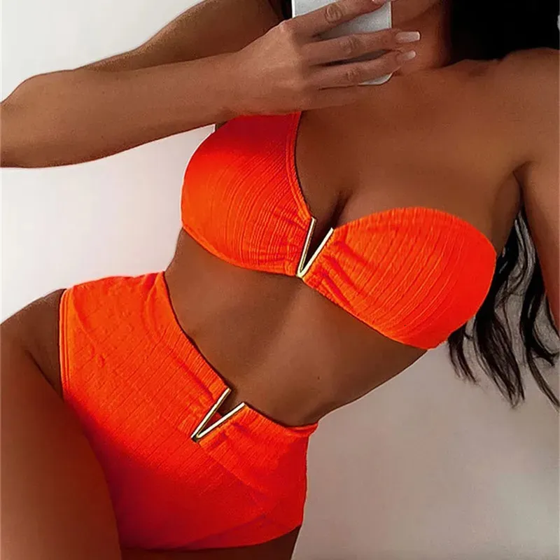 Mode sexig orange v-hals en-axel med hög midja bikini tvådelar kvinnors baddräkt kvinnor bikini strand kvinnor badkläder 240105