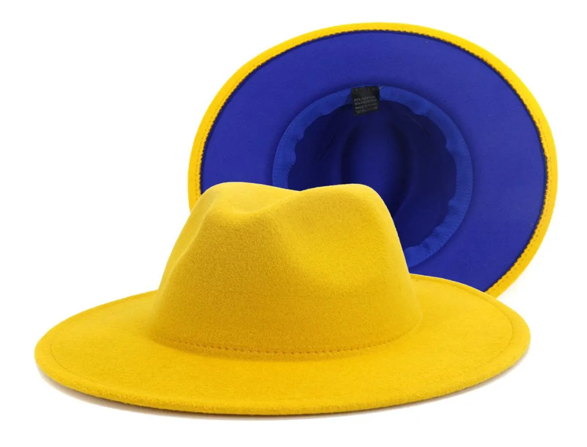 Fashion Yellow Blue Patchwork Wool Felt Fedora Hats for Men Women 2 Tone Hat Different Color Dress Hat Panama Jazz Trilby Cap7825568