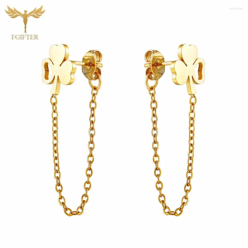 Orecchini a bottone stile catena pendente moda trifoglio fortunato per ragazza donna accessori per gioielli in acciaio inossidabile dorato