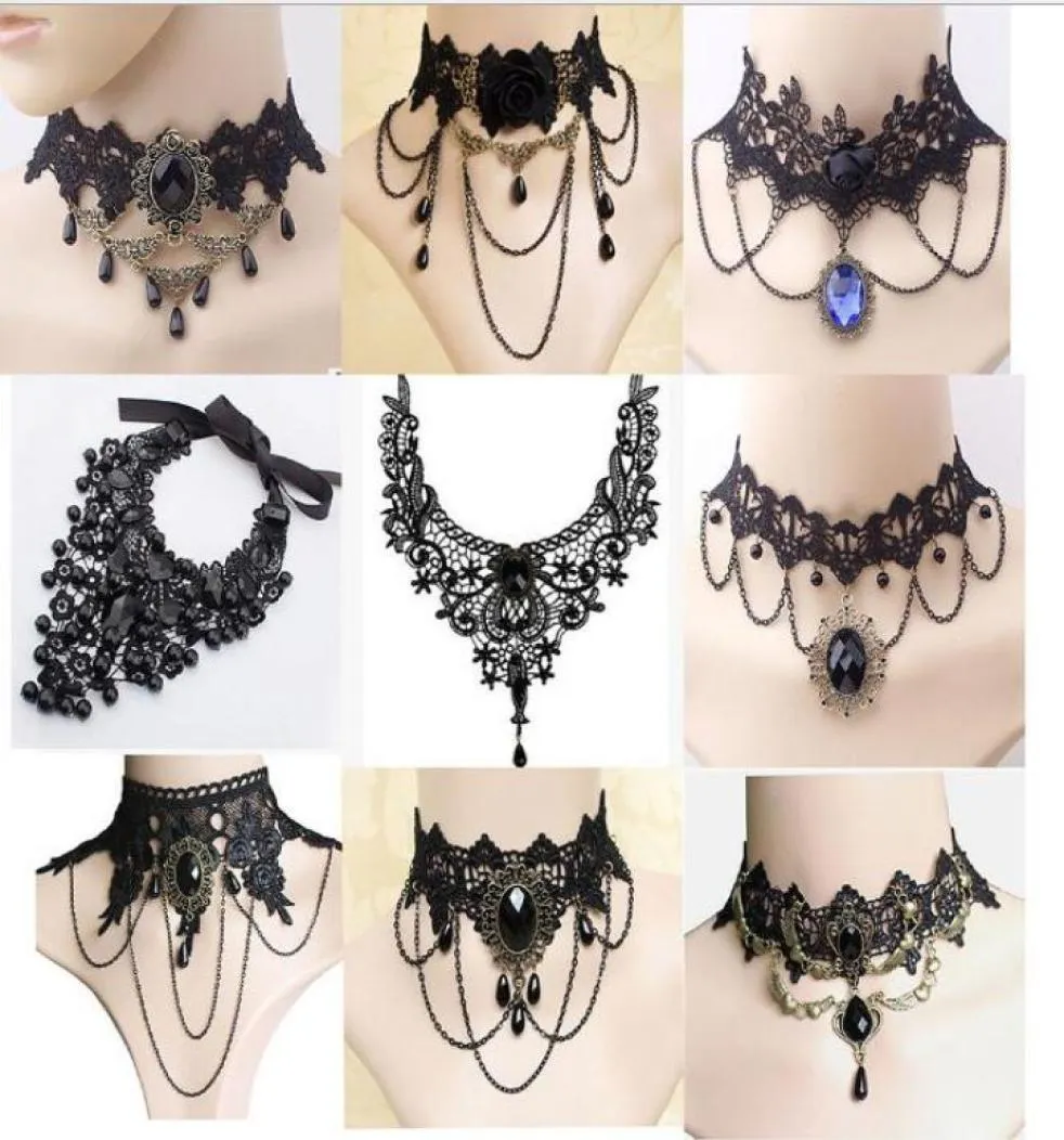 Halloween Sexig gotisk chokers Crystal Black Spets Neck Collares Choker Halsband Vintage Viktorianska kvinnor Chocker Steampunk Jewelry G3020451