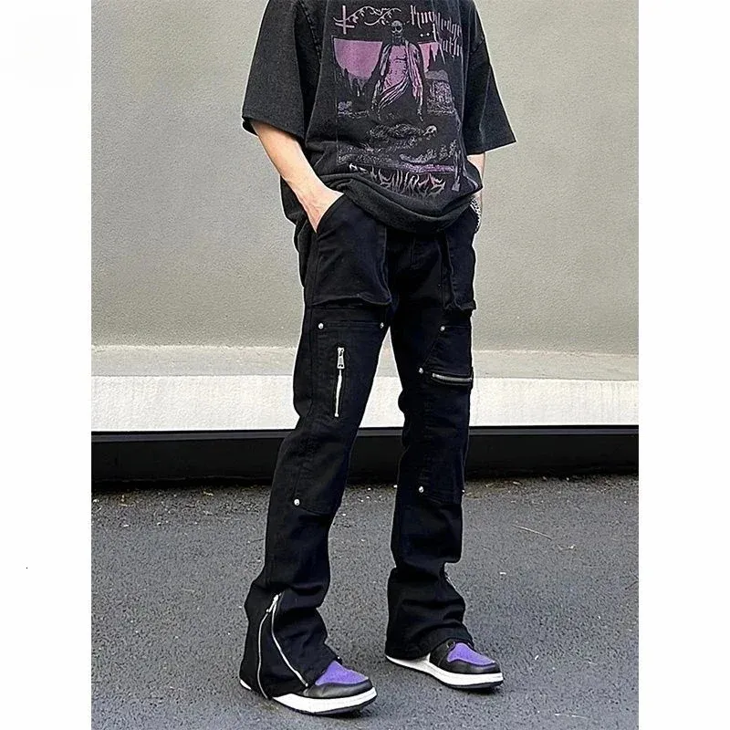 Techwear-pantalones vaqueros de pierna ancha para hombre Y2k, ropa de calle informal, estilo Hip Hop, rectos, holgados, con estilo, color negro, Y2k, 240106