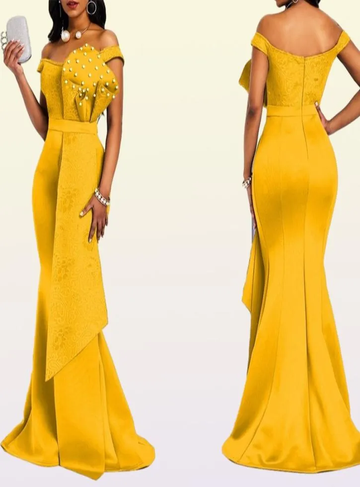 Abito giallo lungo per le donne con spalle scoperte Perline sexy a sirena Skinny Prom Lunghezza al pavimento Cena da sera Abiti da festa di nozze Maxi 2103864337