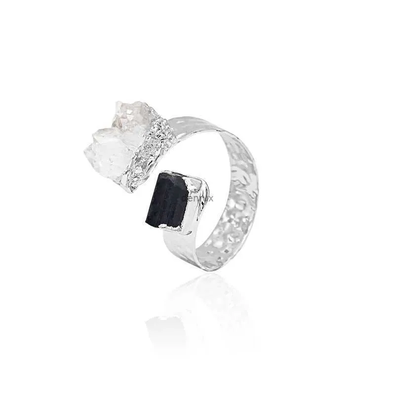 Bandringar oregelbundna svart turmalin öppen ring för kvinnor flickor boho handgjorda kristallkluster finger smycken resizablel240105