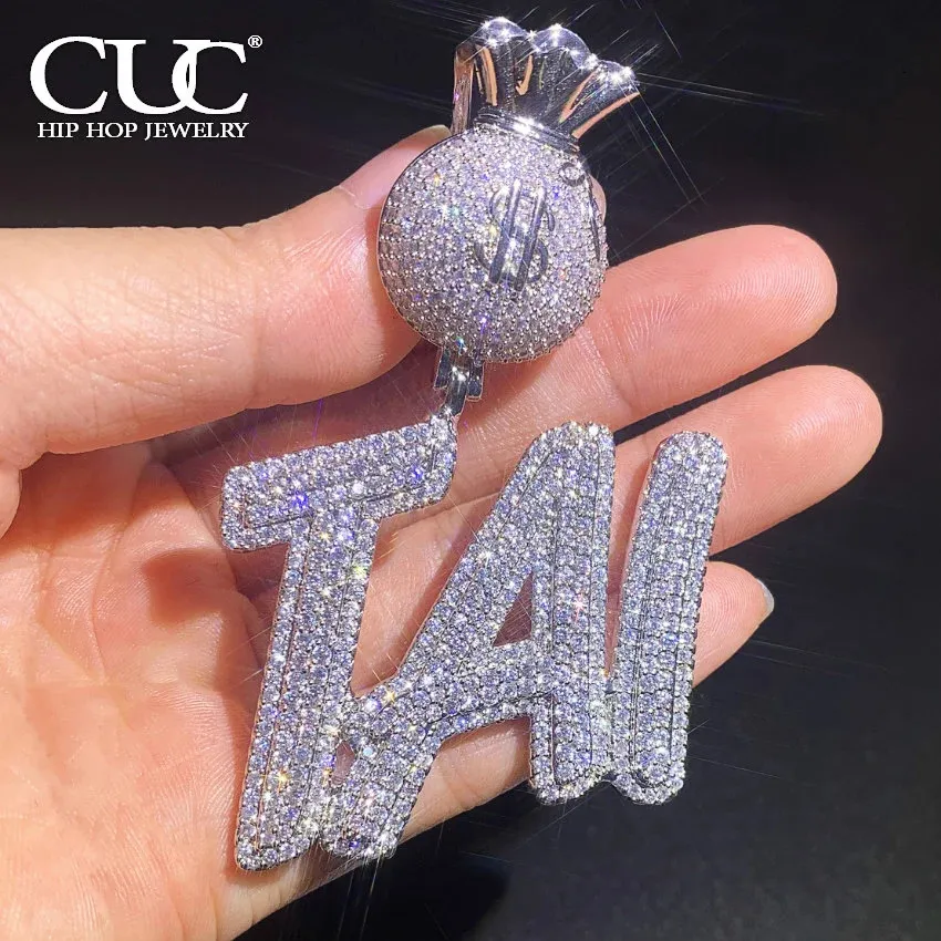 CUC personnalisé Double lettre pendentif avec Dollar sac Bail glacé zircone or argent couleur collier hommes femmes Hip Hop bijoux 240106