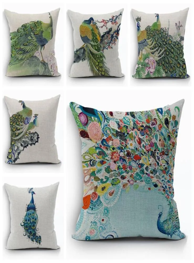 green peacock cushion cover country bird decorative pillows case beautiful almofada square home decor funda cojin1260488