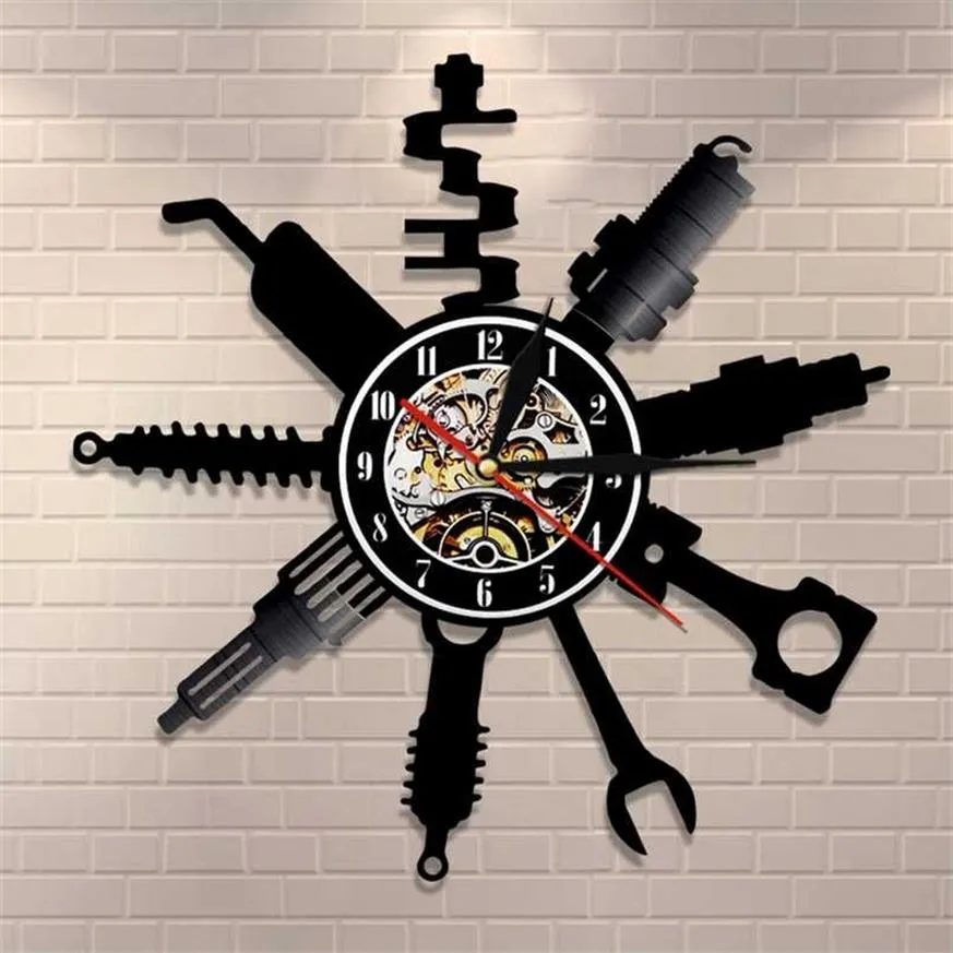 إصلاح Auto Shop Sign Sign Tigative Modern Wall Clock Car Mechanic Workshop Vinyl Record Clock Reported Gift 211299U