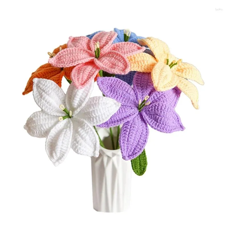 Декоративные цветы 6 шт. ручная вязка лилия подарок на день матери тюльпан роза крючком искусственный букет цветов пряжа домашний декор рабочего стола
