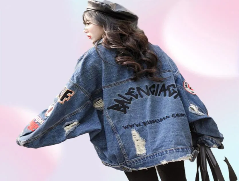 Oversized moda impressão menwomen denim jaqueta solta outono 2019 novo streetwear vintage estilo bf desgastado buracos jeans casaco feminino4404857