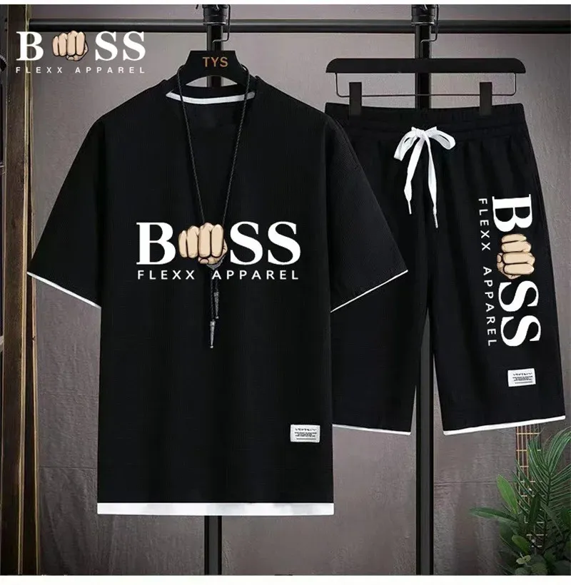 BSS Flexx Apparel Dwukierunkowy zestaw lniany tkanina swobodna t-shirt i szorty Zestaw Męski garnitur Sport Modna moda z krótkim rękawem 240106