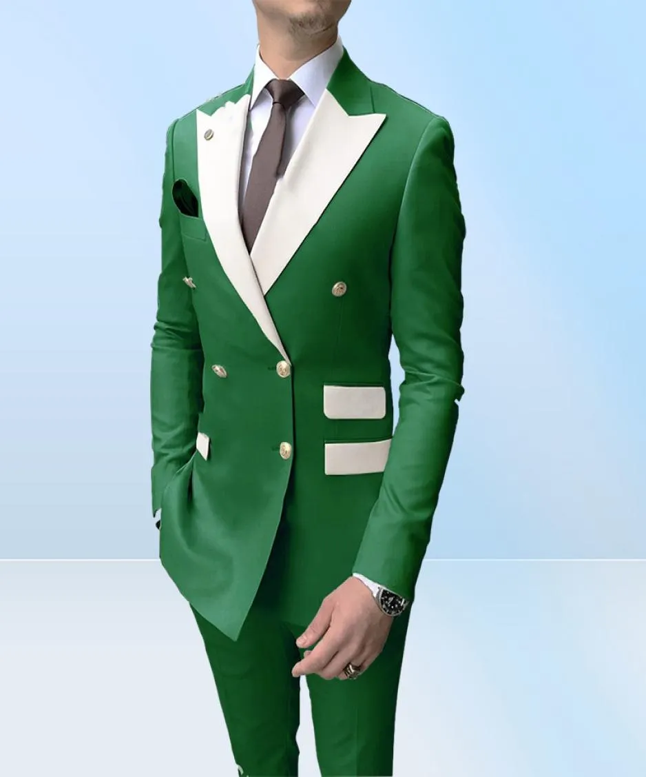 Double Breasted Men Suits Light Green and White Groom Tuxedos Peak Lapel Groomsmen WeddingProm Man 2 Pieces JacketPantsT7833689