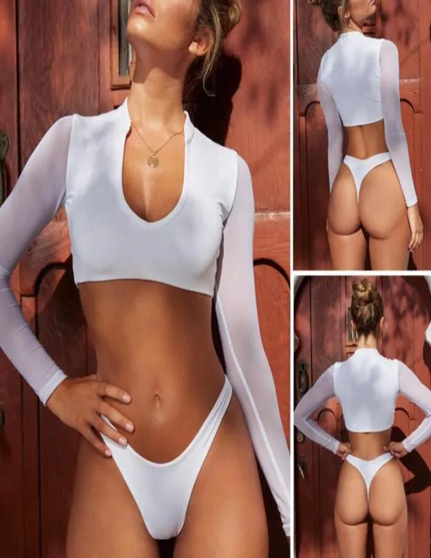 Mulheres push up bikini brasileiro manga longa banho sexy alta corte biquinis tanga maiô feminino sólido decote em v fatos de banho8292027