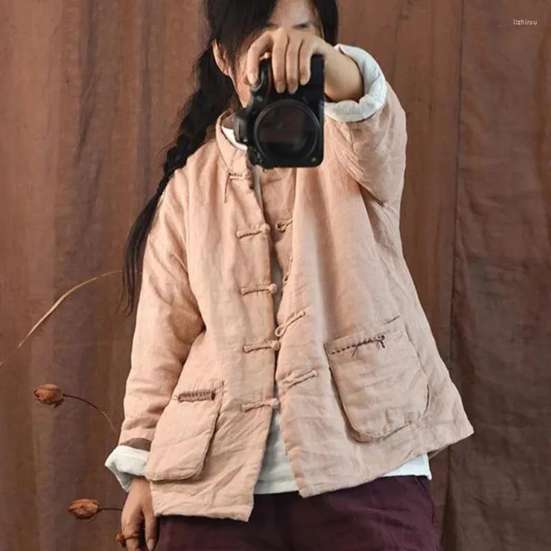 Trench da donna Giacche vintage da donna Tasche in cotone e lino Cappotto casual Giacca imbottita autunno inverno in stile tradizionale cinese