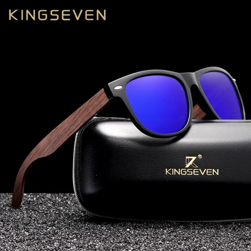KINGSEVEN lunettes de soleil en noyer noir faites à la main pour hommes lunettes en bois femmes miroir polarisé Vintage Design carré Oculos de sol CX200707226o