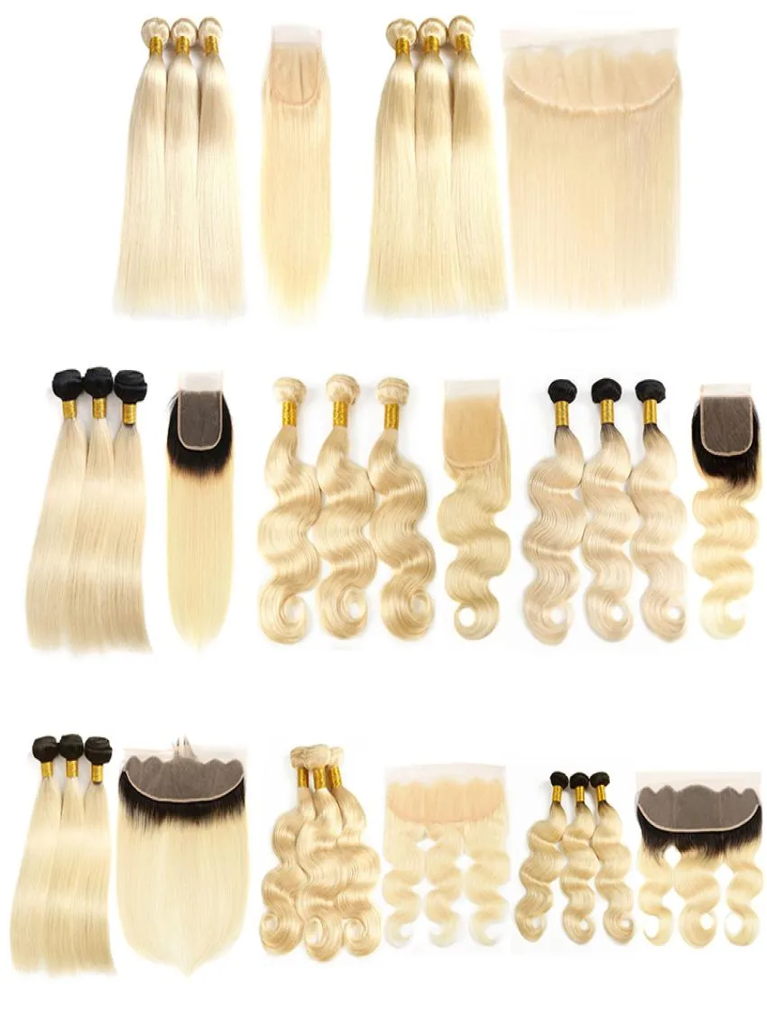 Hohe Qualität Menschliches Haar Bundles mit Spitze Verschluss Frontal 613 1B613 Ombre Blonde Haar Ganze Anbieter Brasilianische Gerade Körper W6211176