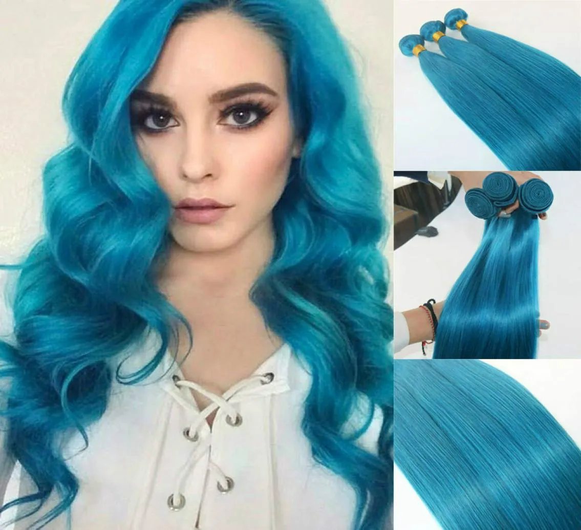 Mänskliga hårförlängningar Sky Blue Human Hair Weaves Brasiliansk rak Virgin Hair 100grampiece Quality6452353