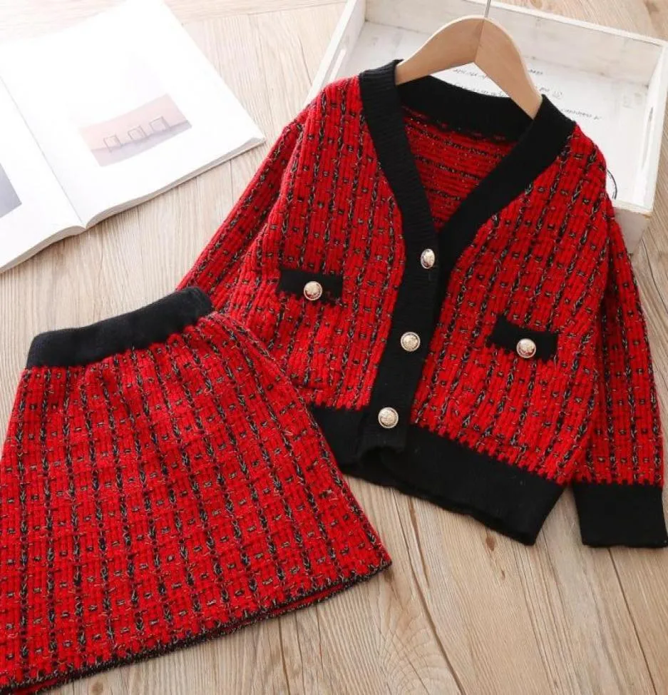 Barnflickor tröja set Autumn Winter Thick Warm Sticke Clothes Set Fashion Kids Girl Classic Clothing Suit Cardigan och kjol13174705