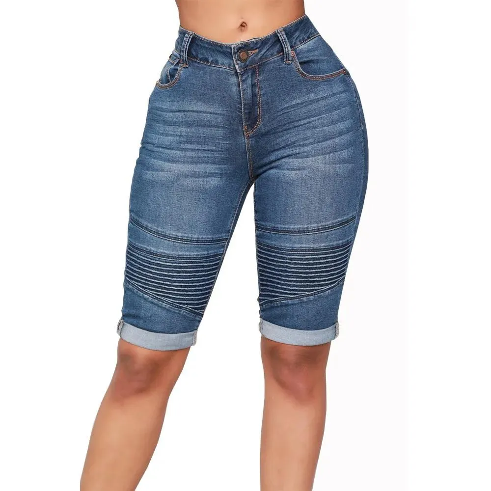 Vaqueros para mujer, pantalones cortos de mezclilla elásticos de talle medio, hasta la rodilla, Bermudas con curvas, pantalones vaqueros cortos elásticos