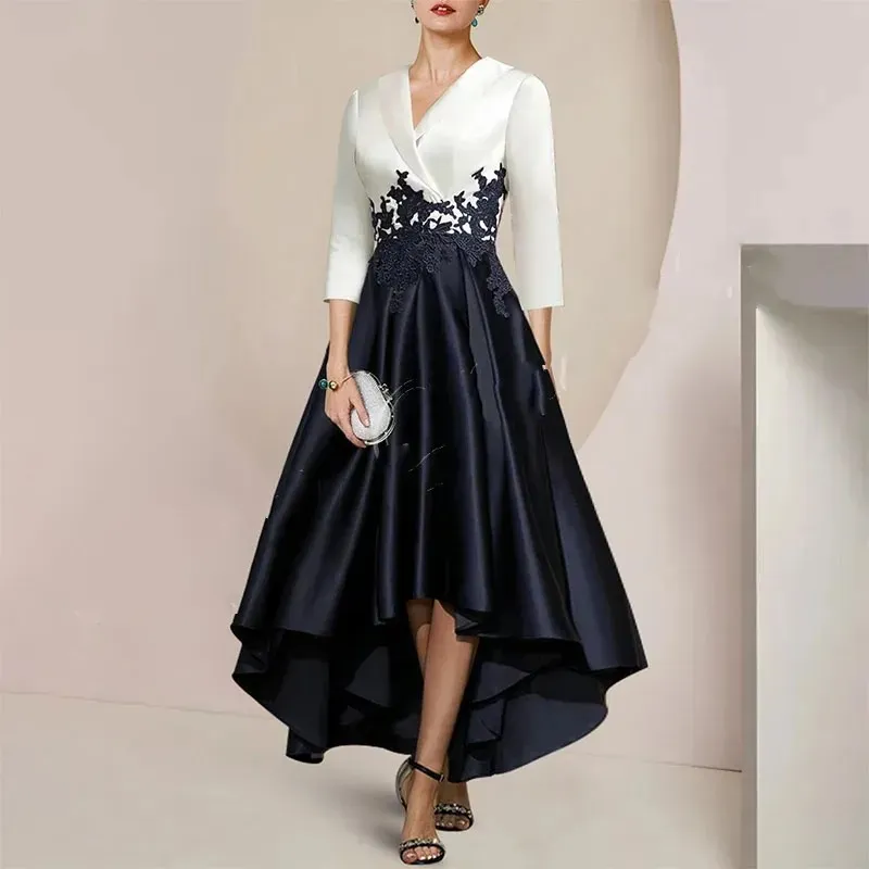 Elegant White Black Mother of the Bride Dress V-Neck 3/4 Sleeves Satin Lace Appliques A-Line Wedding Guest Party Skirt for Women YD