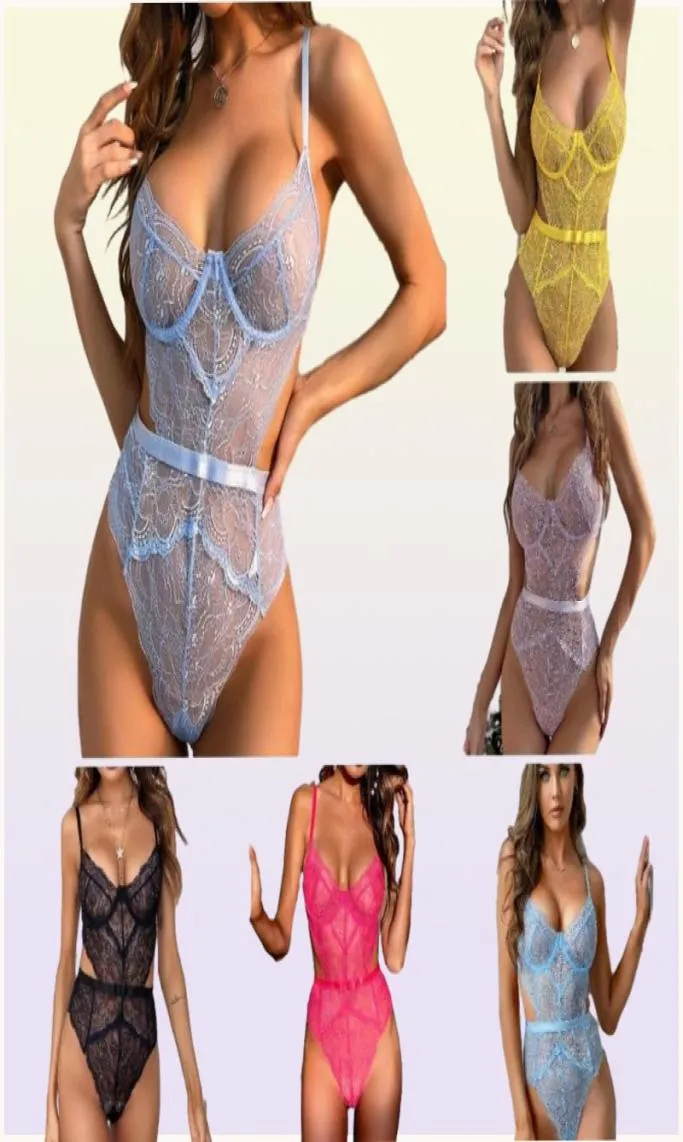 Women Porn Mesh Lingerie Slim Waist Sleepwear Bodysuit Transparent Patchwork Lace Bodysuits Sexy Mujer Babydolls DeepV Jumpsuit F87048096