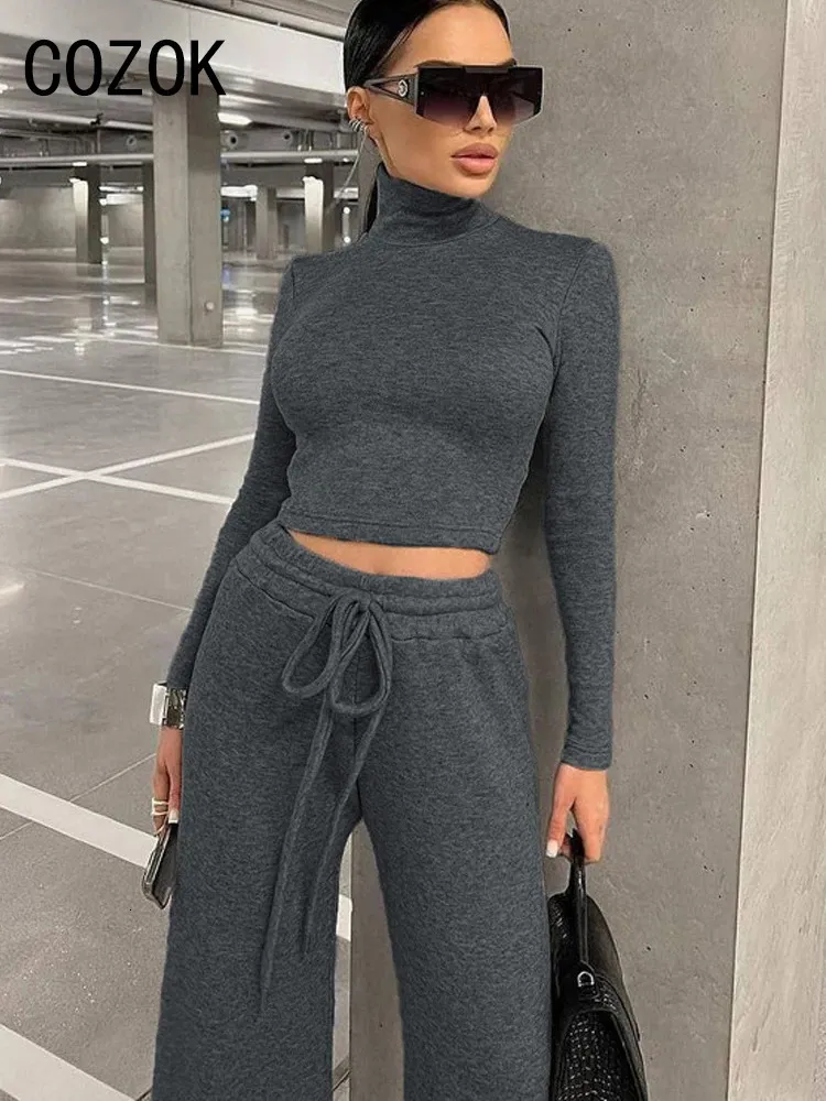 Cozok Spring 2 Piece Sets Women Tracksuit Turtleneck Long Sleeve Crop Top Drawstring Wide Leg Pants Fashion Matching Suit 240105