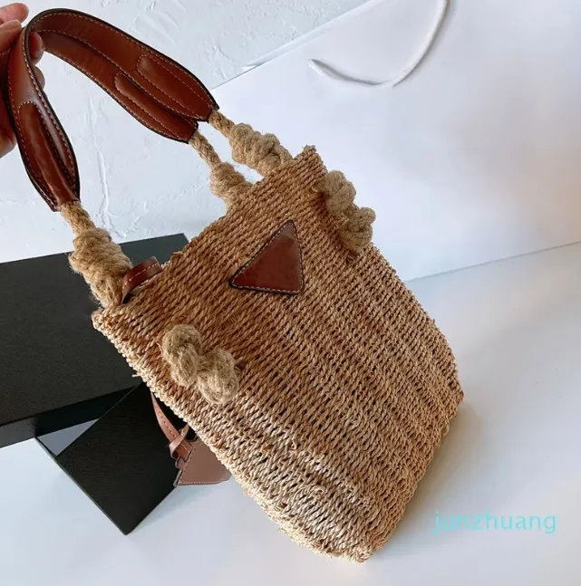 Designer- Mulheres Totes Bolsa Verão Praia Ombro Sacos De Palha Casual Rattan Crochet Bolsas De Vime Tecido Tote Balde Carteira