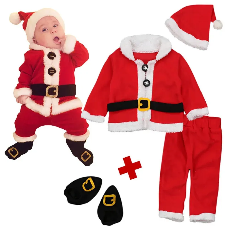 Natale Cosplay neonata vestiti vestito rosso nato velluto anno neonato abbigliamento HatTopsPantSock Outfit Costumi 240105