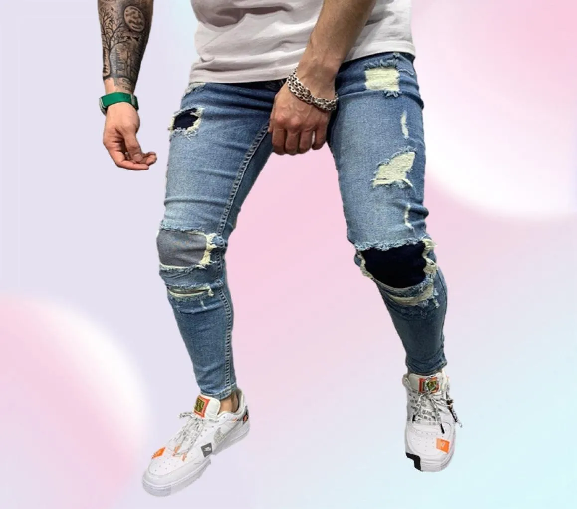 Mens jeans skinny fashional casual slim biker denim calças joelho buraco hiphop rasgado lavado angustiado3597861