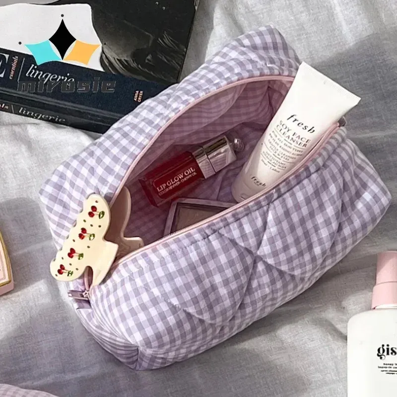 MIROSIE Borsa per trucco floreale a quadretti alla moda Borsa per cosmetici portatile di grande capacità Borsa per il lavaggio trapuntata in cotone Custodia per la cura della pelle 240106