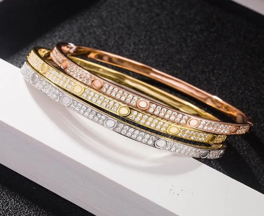 Fashion Full Diamond Bangle Stainless Steel Open Cuff Bracelet for Women Men Two Row Stone Bangles 3 Colour Selct Gold Silver Rosy9639030