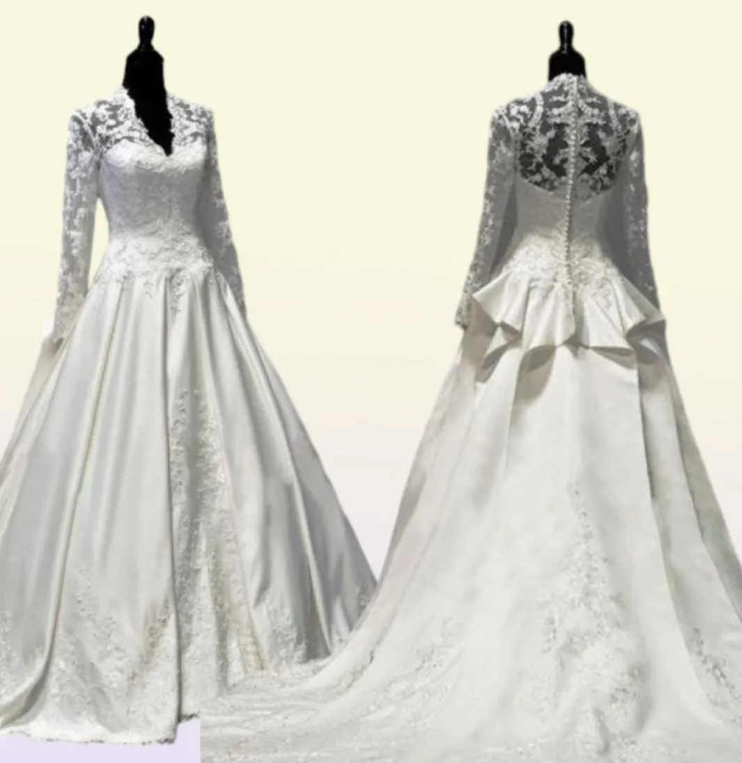 2021 Vintage Kate Middleton manches longues robes de mariée d'automne ALine Vneck ivoire taffetas appliques Peplum robes de mariée robes D7412567