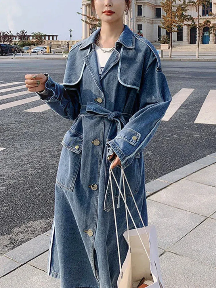 Spring Autumn Denim Trench Women Fashion Lapel Single Breasted Jacket Lady Vintage Pockets Laceup Long Jean Coat 240105