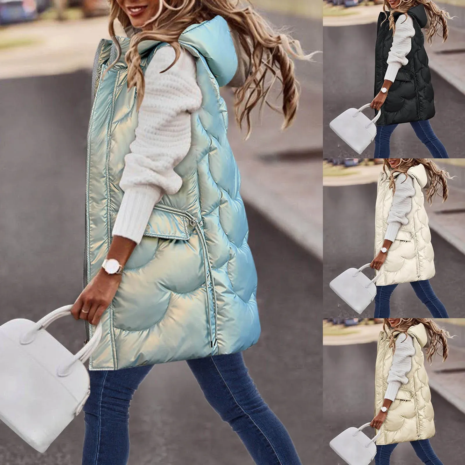 Plus Size 3XL Long Hooded Vest Women's Jacket Cotton Down Quilted Coat Winter Puffer Sleeveless Jacket Female Warm Waistcoat 240106