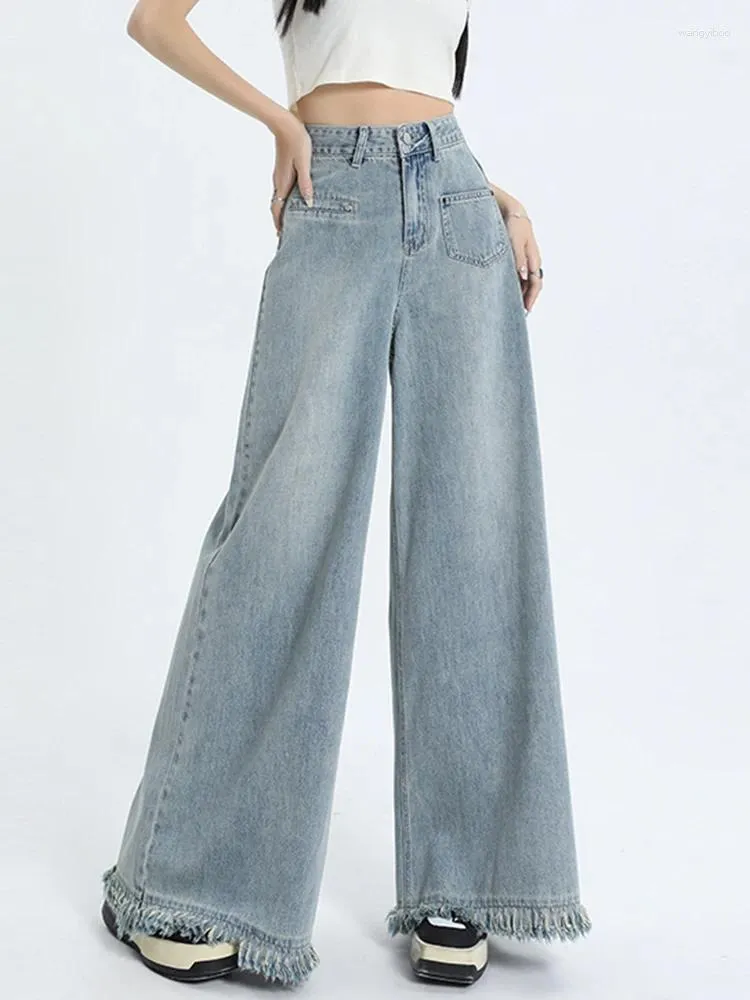 Jeans da donna Blu Flare Pantaloni denim da donna Tasche impiombate Streetwear Vita alta Nappa intera Moda Gamba larga Mop