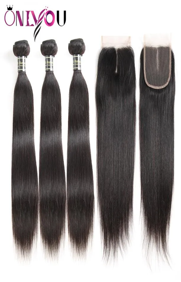 Brasileiro em linha reta virgem cabelo humano pacotes 3 pacotes com 4x4 fechamento de renda superior barato molhado tecer remy extensões de cabelo humano gota s6063453