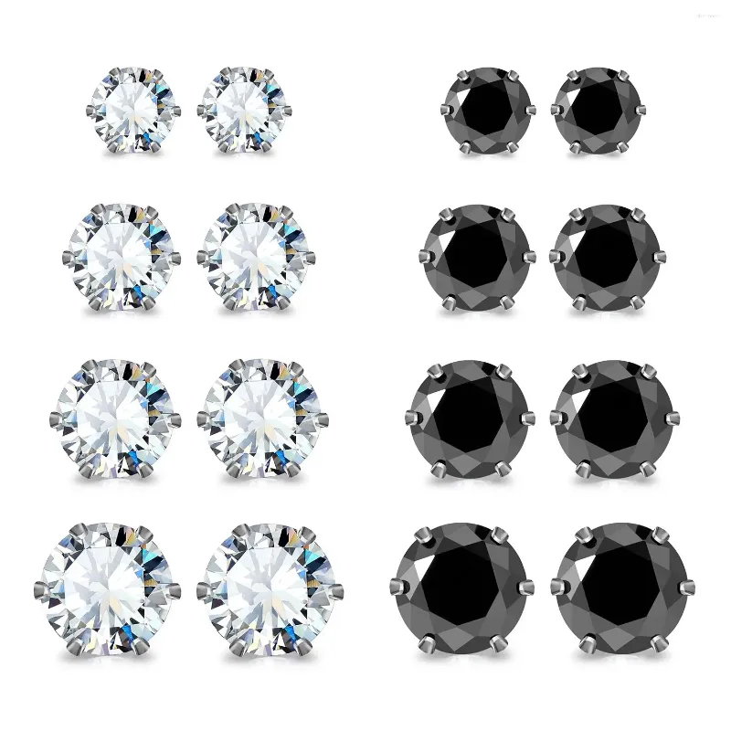 Stud Earrings 8 Pairs Hypoallergenic Stainless Steel 4/6/7/8mm CZ 6 Prong Set For Women Men Multiple Piercing Ear Studs