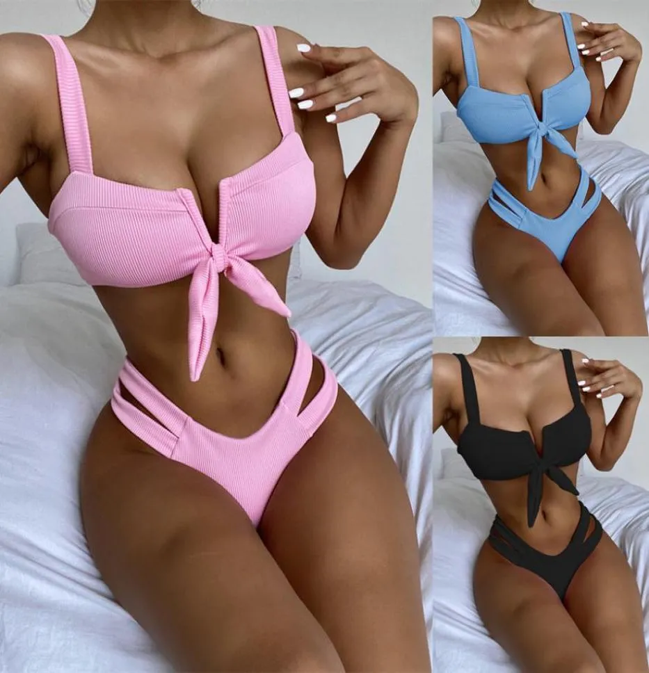 Kadın Seksi Derin Vneck Beach Matay Takım Mayo Push Yukarı yastıklı Bandage Bikini Set Yaz Moda Kadınlar Twopiece Mayo 2591078