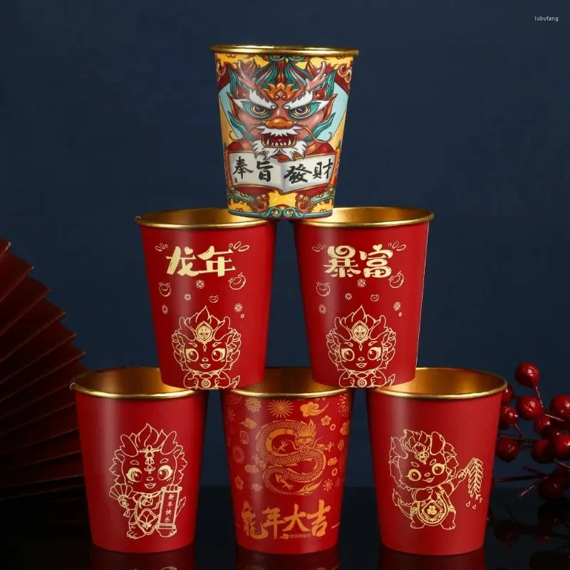 Wegwerpbekers Rietjes 10 Stuks Verdikte Lente Festival Papier Lekvrije Harde Chinese Jaar Cup Draak Patroon Drinkware