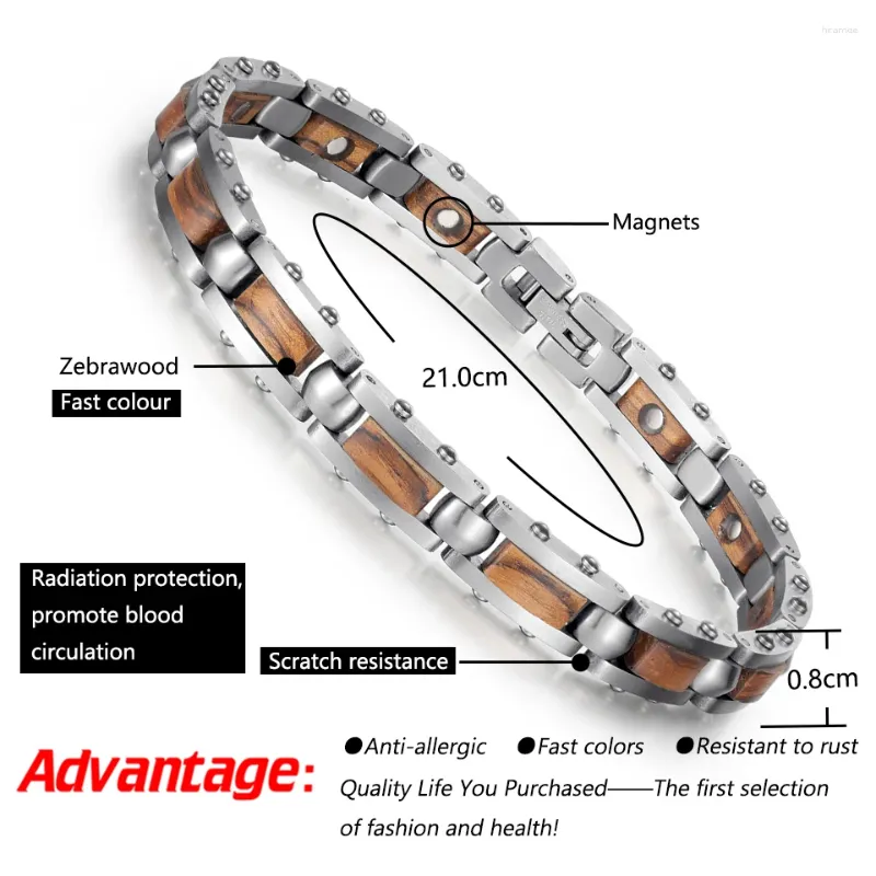 Link pulseiras welmag pulseira de aço inoxidável zebra afiada cuidados de saúde bio energia pulseiras magnéticas de madeira para mulheres homens jóias viking