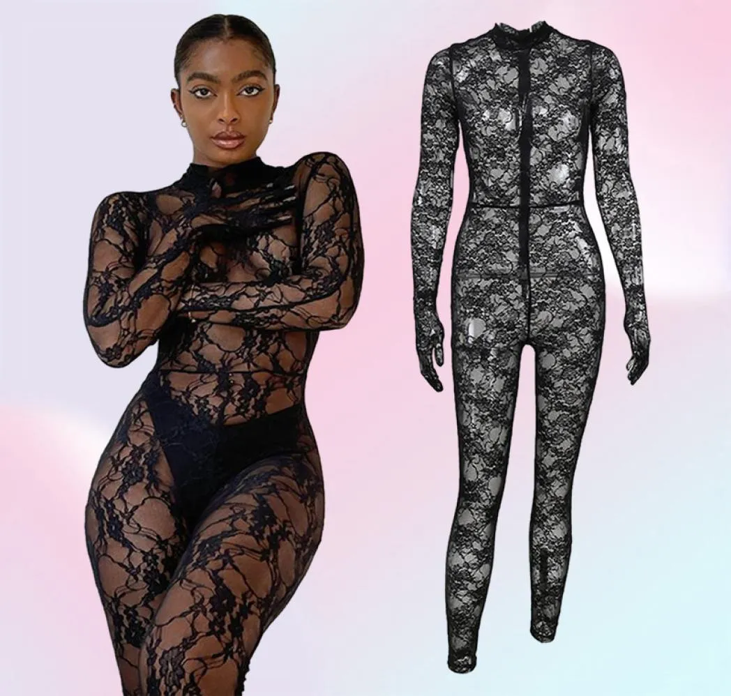 Casual klänningar hirigin långärmad med handskar spetsnät jumpsuit bodycon sexig se genom festklubben Rompers rave festival outfit7458582