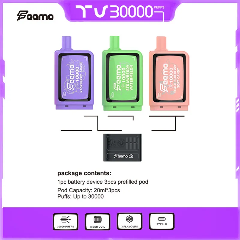 Склад в ЕС Feemovape TV30000 Puffs Kit Puff 30000 Одноразовая электронная сигарета Vape Box 60 мл Электронный сок Кабель Type-C Перезаряжаемая батарея Заводская цена