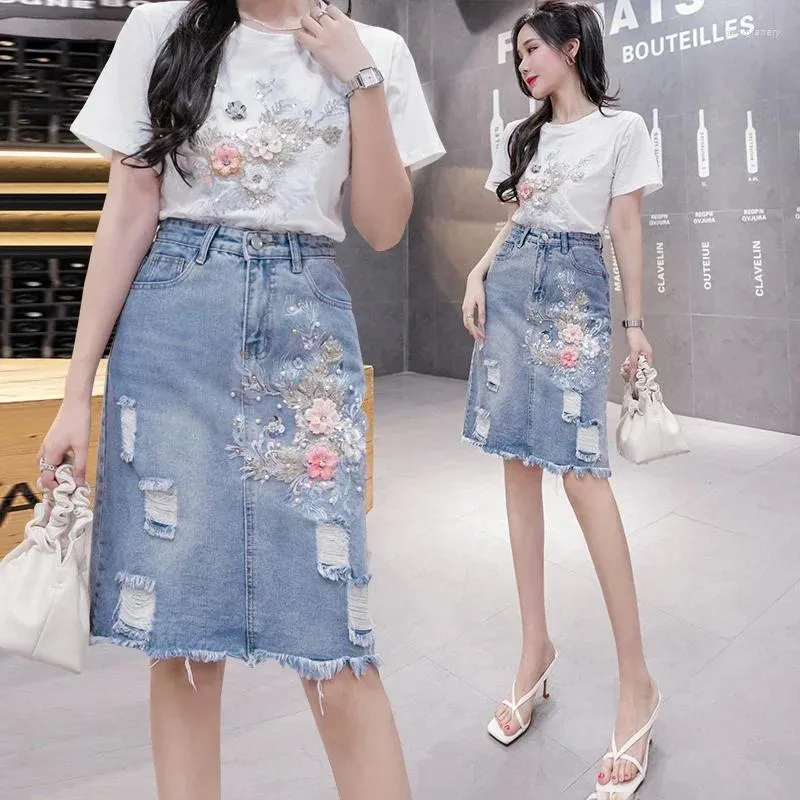 Spódnice damskie naklejki do dziury dżinsowej spódnice Kobiety wiele rozmiarów swobodne dżinsy z wysokiej talii dziewczęta koreańskie odzież moda 2