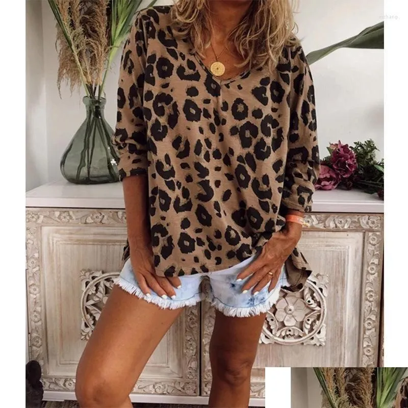 T-shirt da donna T-shirt da donna T-shirt larghe da donna Manica lunga con scollo a V Top Donna Piviere Moda femminile Leopardo Vendita oversize Sexy Dhvej