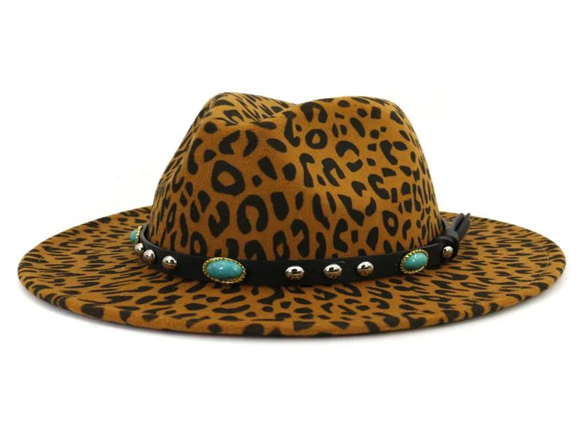 2020 moda entera estampado de leopardo Jazz Unisex Vintage Trilby Fedora sombreros con cinturón de remache vestido de fiesta Panamá Hat1367289