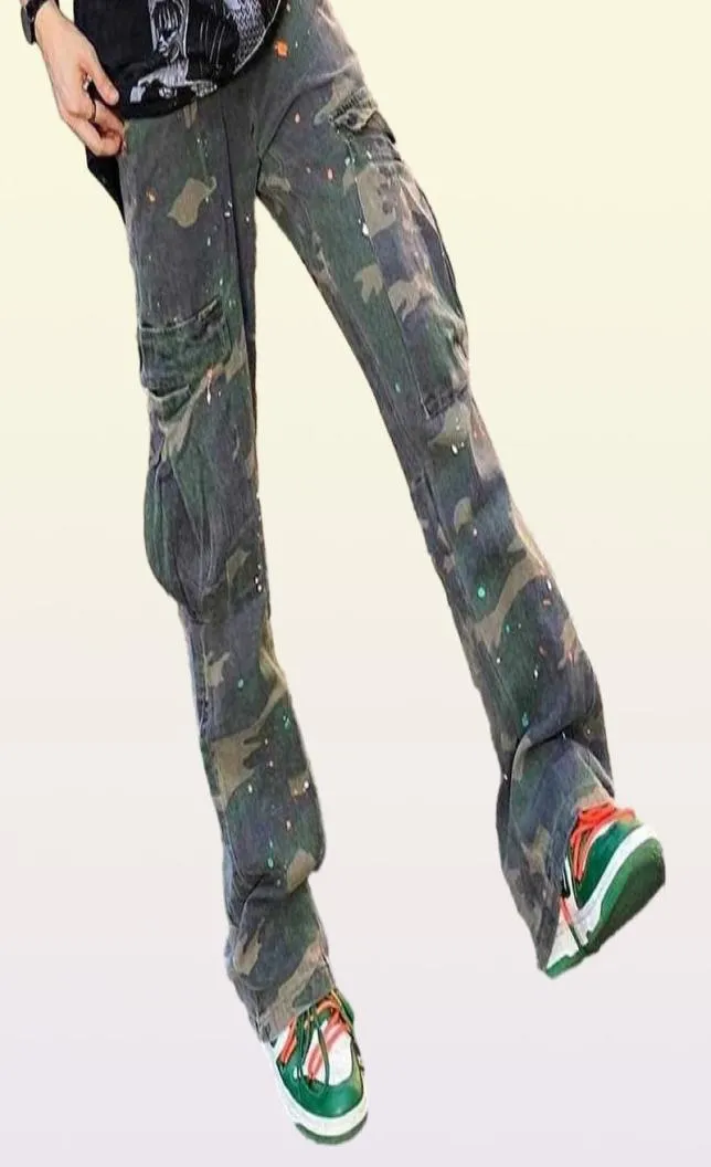 Pantalons Galeries de mode Designer Casual Dept High Street Sand Washed Old Camouflage Évasé le même Denim Wide Leg Salopette Trend76280886