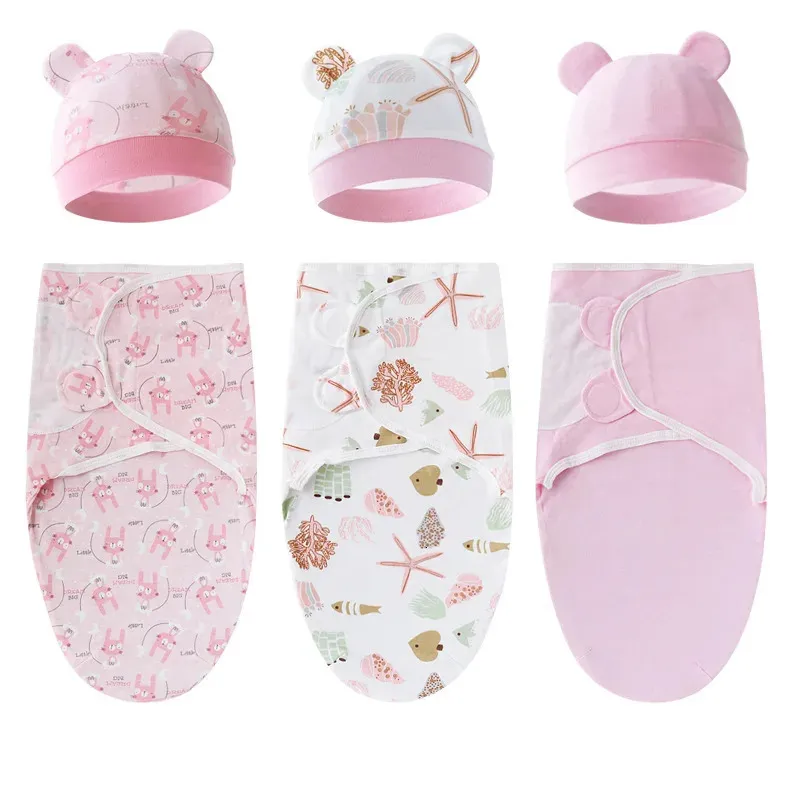 3Sets born Swaddle Blanket Hat Set Cotton Baby Waddle Wrap Adjustable Infant Sleeping Bag 06M Bedding Accessories 2023 240106