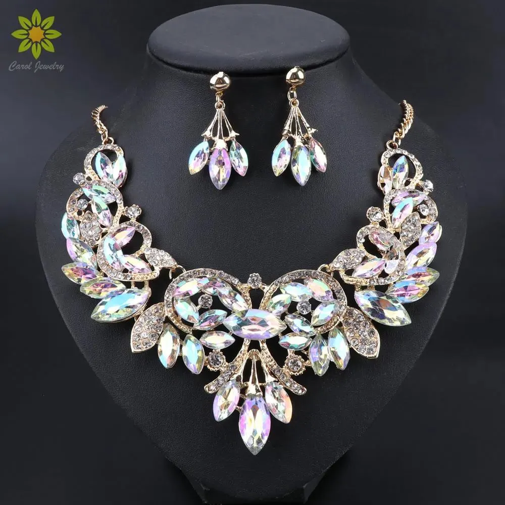 Necklaces New Indian Bridal Jewelry Sets Wedding Party Costume Jewellery Womens Fashion Gifts Leaves Crystal Necklace Earrings Sets