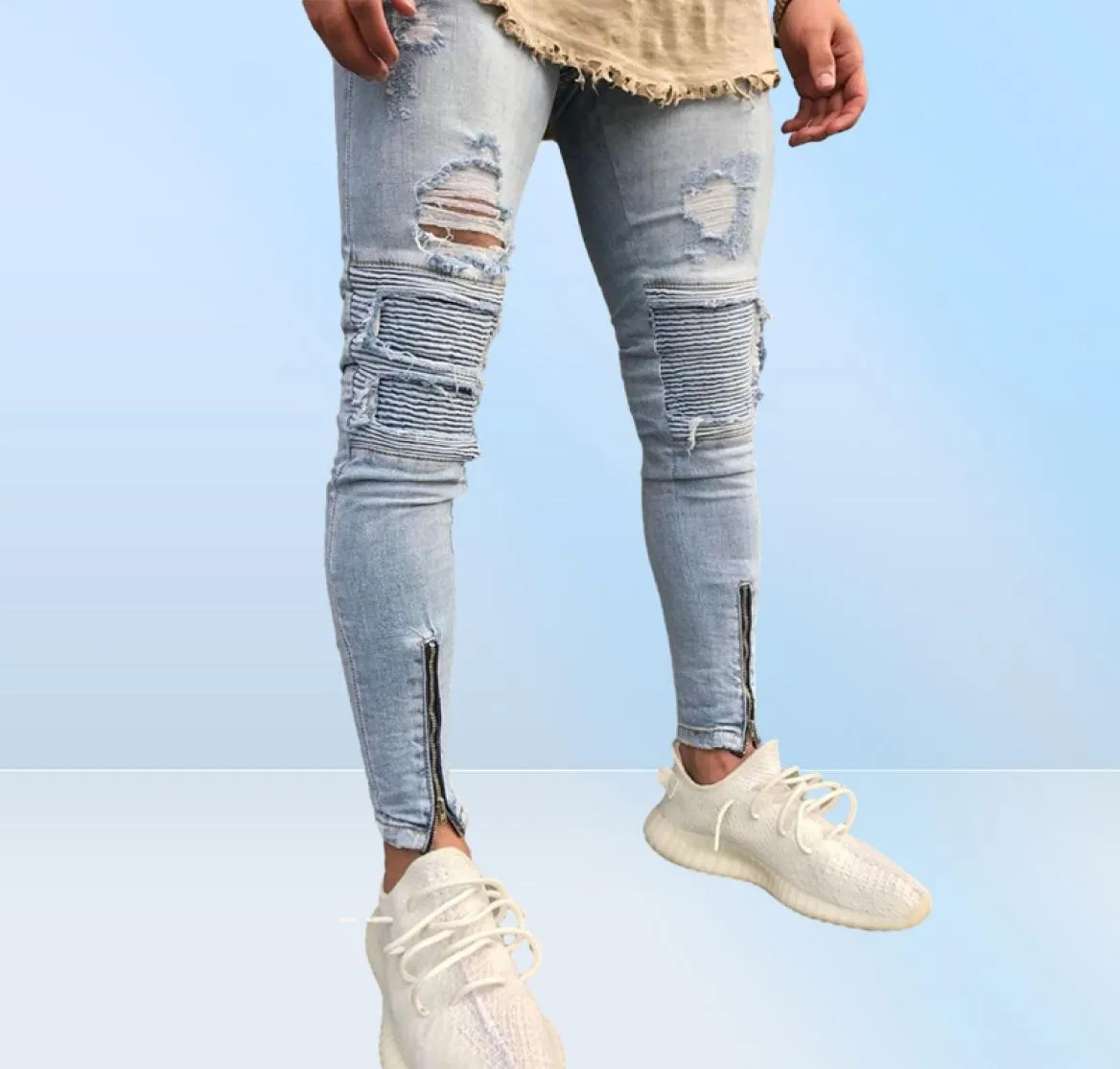 Hommes Homme Ripped Biker Jeans Blanc bleu Genou Plissé Cheville Zipper Marque Slim Fit Coupe Détruit Skinny Jean Pantalon Pour Homme Homme5872169